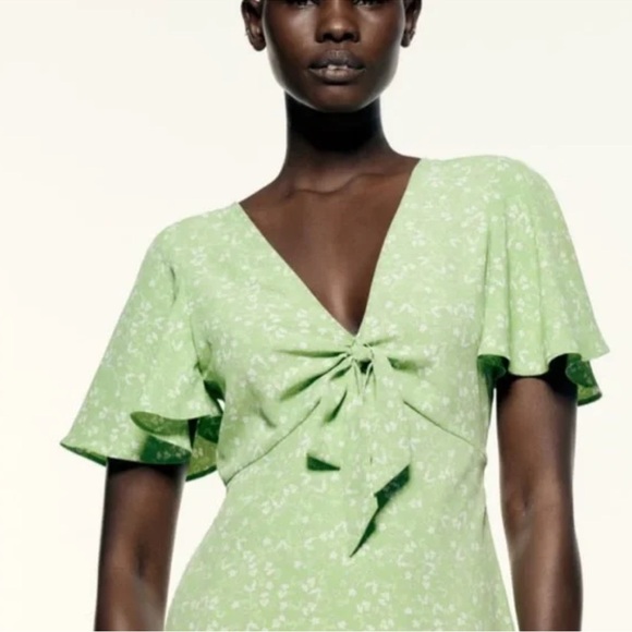 Zara Lime Green Mini Tie Front Dress - Picture 3 of 7